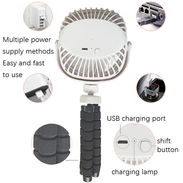 Octopus Stroller Deformation Fan Desktop Portable Handheld USB Small Fan, 1200mAh White, 1200mAh Pink, 1200mAh Black, 2200mAh White, 2200mAh Pink, 2200mAh Black