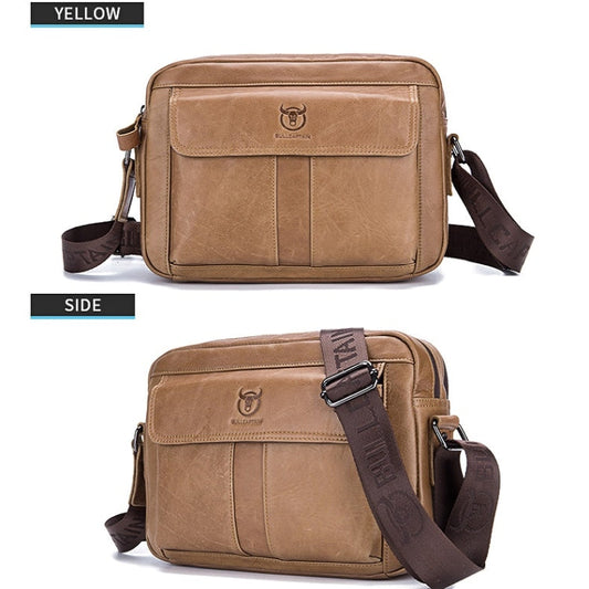 BULL CAPTAIN Double Layer Leather One Shoulder Messenger Bag For Men, Yellow Brown, Beige, Iron Blue