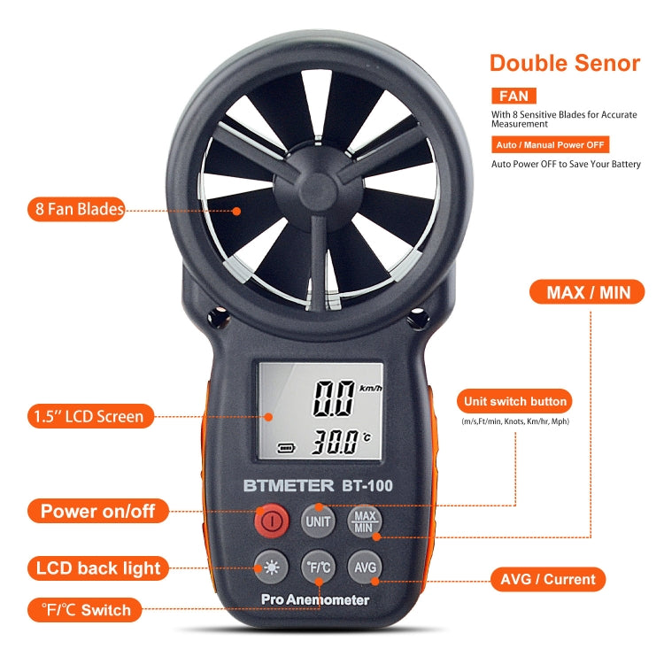 BT-100 Handheld Anemometer Wind Speed Wind Chill Temperature Measuring Instrument, BT-100