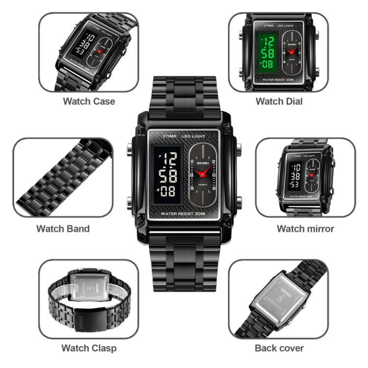 SKMEI 1868 Square Double Display Waterproof Men Watch, Style:, Steel Belt (Black), Leather Belt (Black), Steel Belt (Rose Gold), Leather Belt (Rose Gold), Steel Belt (Gold), Leather Belt (Gold), Steel Belt (Silver), Leather Belt (Silver)