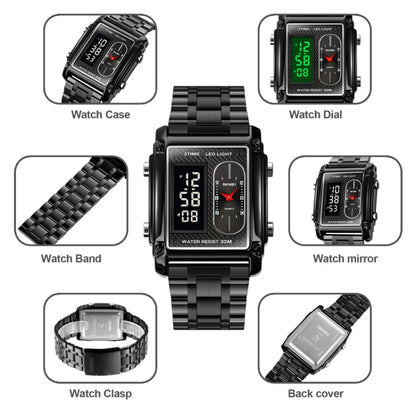 SKMEI 1868 Square Double Display Waterproof Men Watch, Style:, Steel Belt (Black), Leather Belt (Black), Steel Belt (Rose Gold), Leather Belt (Rose Gold), Steel Belt (Gold), Leather Belt (Gold), Steel Belt (Silver), Leather Belt (Silver)