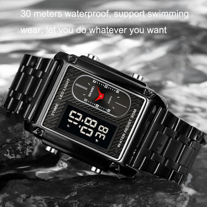 SKMEI 1868 Square Double Display Waterproof Men Watch, Style:, Steel Belt (Black), Leather Belt (Black), Steel Belt (Rose Gold), Leather Belt (Rose Gold), Steel Belt (Gold), Leather Belt (Gold), Steel Belt (Silver), Leather Belt (Silver)
