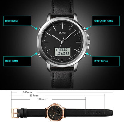 SKMEI 1652 Dual Movement Sports Leather Alloy Male Watch, Rose Gold Shell White Machine, Rose Gold Shell Black Machine, Gold Shell Black Machine, Black Shell Black Machine, Silver Shell White Machine, Silver Shell Black Machine