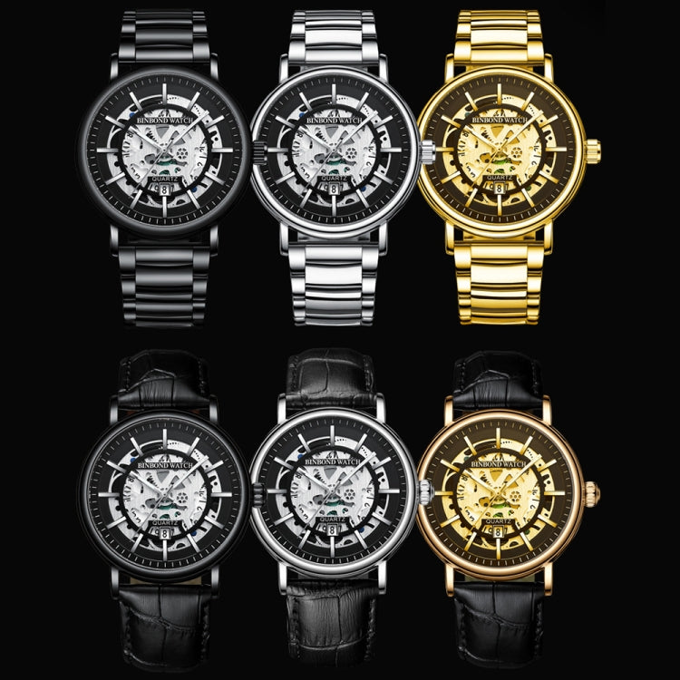 BINBOND B7872 Multifunctional Hollow Luminous Waterproof Quartz Watch, Black Steel-Black-White, Black Leather-Black-Black, Black Leather-White-Black