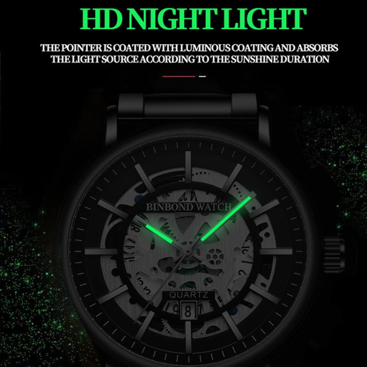BINBOND B7872 Multifunctional Hollow Luminous Waterproof Quartz Watch, Black Steel-Black-White, Black Leather-Black-Black, Black Leather-White-Black