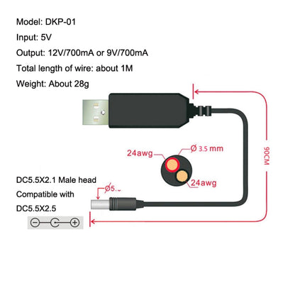 USB Booster Line Mobile Power Cord, 2pcs DC 5V to 9V, 2pcs DC 5V to 12V