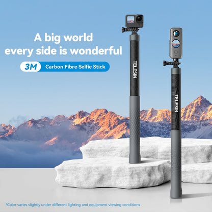 TELESIN 3M Carbon Fiber Selfie Stick Monopod  With 1/4 Screw For Action Camera, 3m