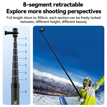 TELESIN 3M Carbon Fiber Selfie Stick Monopod  With 1/4 Screw For Action Camera, 3m