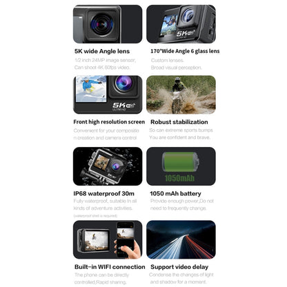 5K/30FPS WIFI HD Anti-Shake Remote Touch Dual-Screen IP68 Waterproof Sports Camera, 5K, 5K Camera + 64G Card, 5K Camera+128G Card