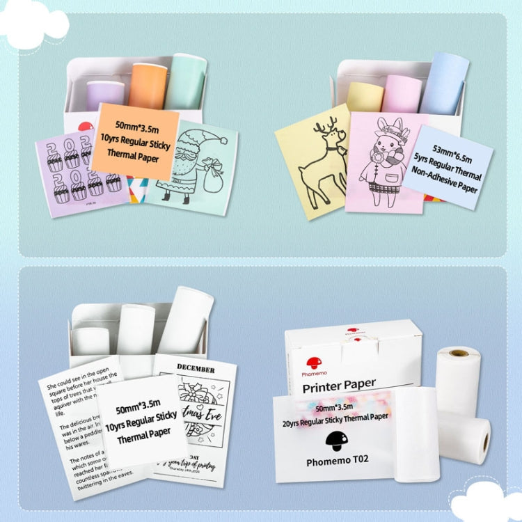 For Phomemo T02 3rolls Bluetooth Printer Thermal Paper Label Paper, 53mmx6.5m 10 Years Black on White No Adhesive, 50mmx3.5m 2 Years Black on White Sticker, 50mmx3.5m 10 Years Black on White Sticker, 50mmx3m 5 Years Blue on White Sticker               ...