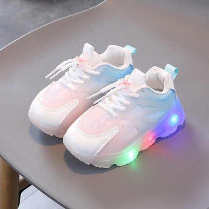 WISDOMFROG Girls Sneakers LED Light Up Boys Gradient Mesh Shoes Children Footwear, 21, 22, 23, 24, 25, 26, 27, 28