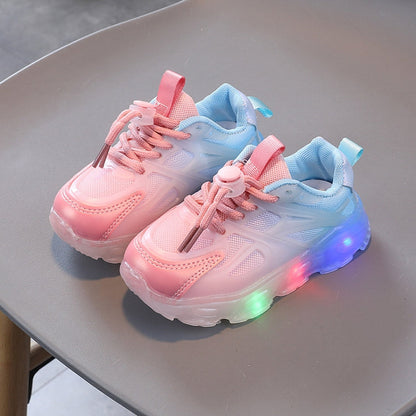 WISDOMFROG Girls Sneakers LED Light Up Boys Gradient Mesh Shoes Children Footwear, 29