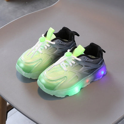 WISDOMFROG Girls Sneakers LED Light Up Boys Gradient Mesh Shoes Children Footwear, 29