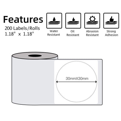 For Phomemo M110 / M200 200pcs /Roll 30x30mm Round Self-Adhesive Thermal Labels, 200pcs /Roll 30x30mm Round