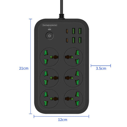 T24 2m 3000W 6 Plugs + PD + 4-USB Ports Multifunctional Flame-Retardant Socket With Switch, UK Plug, US Plug