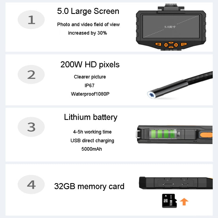 Teslong NTS300 5 Inch HD Large Screen Industrial Inspection Borescope Auto Repair Tools, 7.6mm Single Lens / 1m