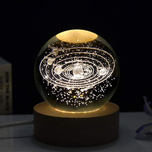 6cm With Warm Light Base 3D Laser Engraved Crystal Ball Night Light USB Glowing Glass Ball, Solar System, Saturn, Moon