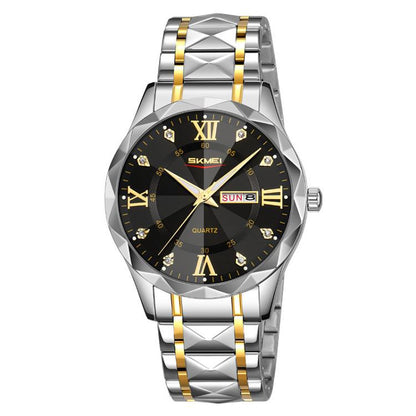 SKMEI Business Casual Watches Diamond Case Luminous Waterproof Quartz Watch, Men Silver Gold Strap Silver Dial, Men Silver Gold Strap Green Dial, Men Silver Gold Strap Black Dial, Men Silver Case Silver Dial, Men Silver Case Gray Dial                  ...