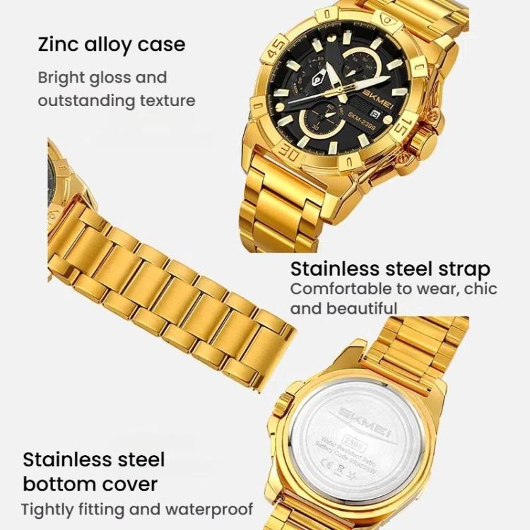 SKMEI 2399 Three-eye Six-pin Steel Band Quartz Watch Men Business Casual Watch