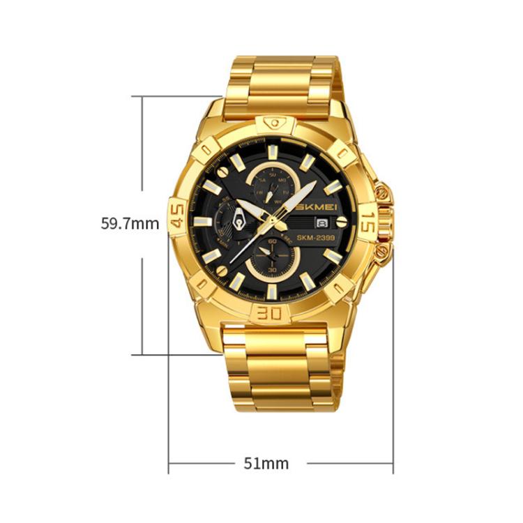 SKMEI 2399 Three-eye Six-pin Steel Band Quartz Watch Men Business Casual Watch