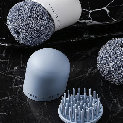 Polyester Cleaning Ball Household Handle Cleaning Brush Kitchen Short Handle Dishwashing Pot Brush, White, Blue, 4 Replacement Heads