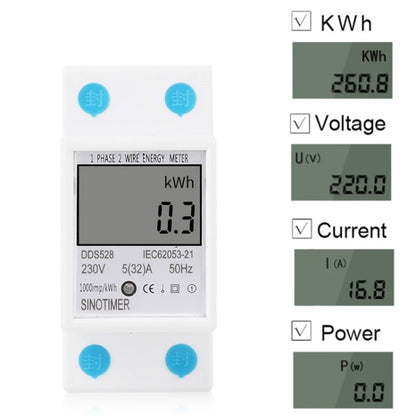DDS528 5-32A 230V 50Hz Single-phase Household DIN Rail Electronic Multi-function Energy Meter, 230V 50Hz
