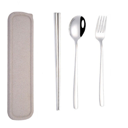 3pcs / Set Portable Stainless Steel Tableware Creative Set Chopsticks Spoon Fork Gift, Steel, Black, Pink, Red, Blue