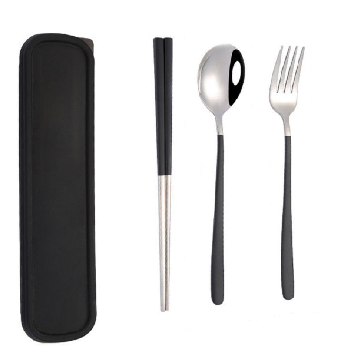 3pcs / Set Portable Stainless Steel Tableware Creative Set Chopsticks Spoon Fork Gift, Steel, Black, Pink, Red, Blue