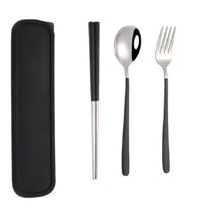 3pcs / Set Portable Stainless Steel Tableware Creative Set Chopsticks Spoon Fork Gift, Steel, Black, Pink, Red, Blue