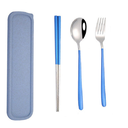 3pcs / Set Portable Stainless Steel Tableware Creative Set Chopsticks Spoon Fork Gift, Steel, Black, Pink, Red, Blue