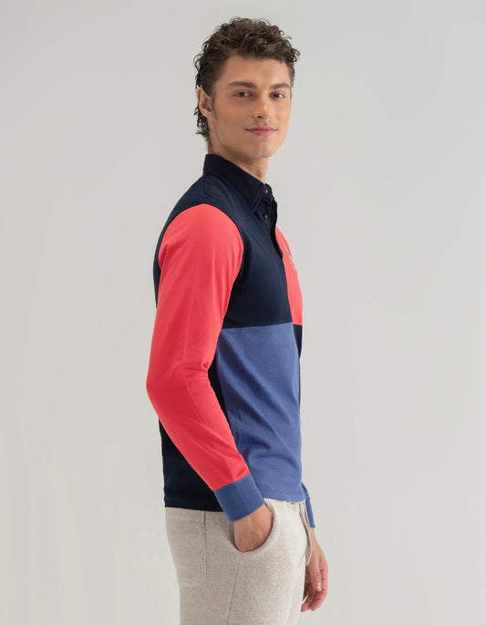 Navy and Red Colour Block Rugby Shirt