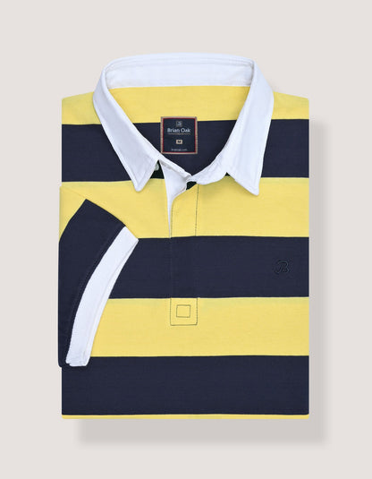 Yellow Striped Contrast Collar Cotton Polo Shirt