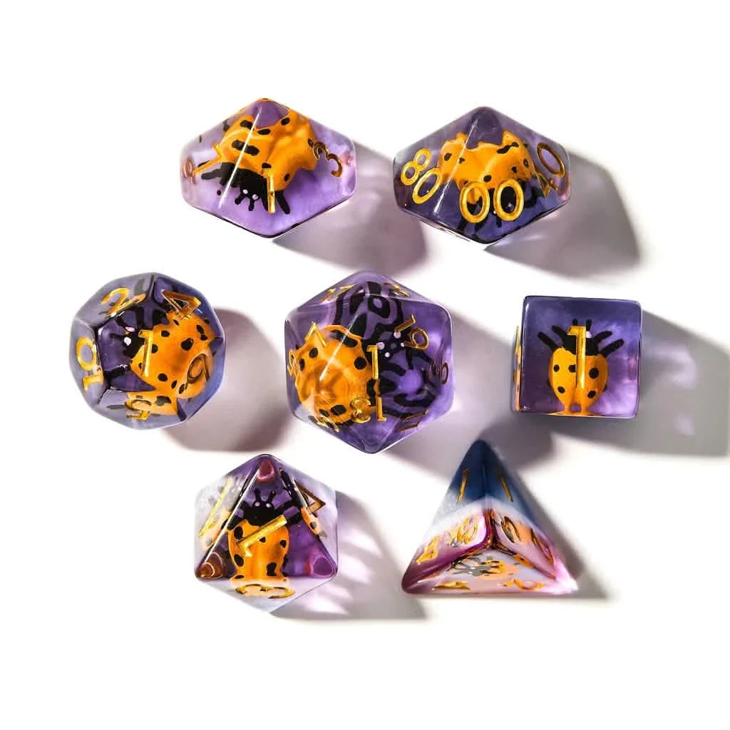 Yellow Ladybugs | Soft Edge Dice | Resin | 7 Piece Set