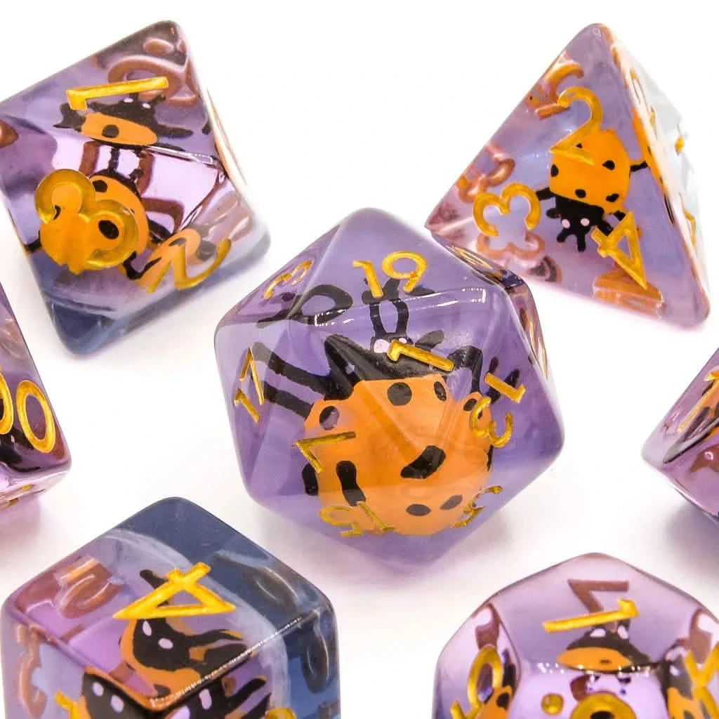Yellow Ladybugs | Soft Edge Dice | Resin | 7 Piece Set