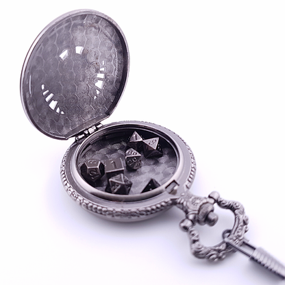 Adventurer's Cache | Pocket Watch Dice Case | Mini Dice | Ancient Silver