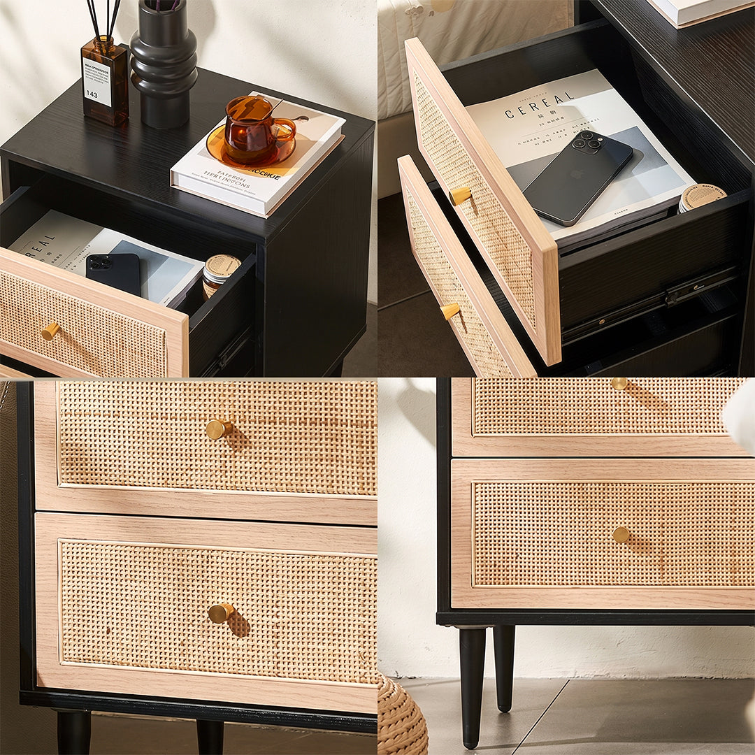 Tsaatan Wood Bedside Table, Rattan, Black