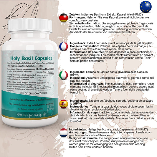 Aushadh Holy Basil Capsules (Tulsi) Stress Balance & Immune Wellness Support - Vegan, Gluten Free, Non-GMO, 60 Capsules