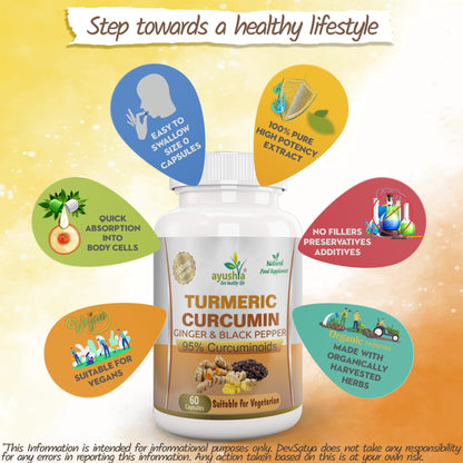 Ayushya Turmeric with Ginger and Black pepper Capsules (Haldi) Joint Comfort & Digestive Support - Vegan, Gluten Free, Non-GMO, 60 Capsules