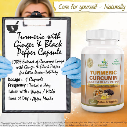 Ayushya Turmeric with Ginger and Black pepper Capsules (Haldi) Joint Comfort & Digestive Support - Vegan, Gluten Free, Non-GMO, 60 Capsules