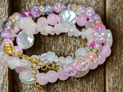 Handmade Pink Beaded Bracelet Stack with Gold-Coloured Charm