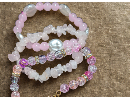 Handmade Pink Beaded Bracelet Stack with Gold-Coloured Charm