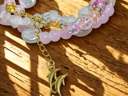 Handmade Pink Beaded Bracelet Stack with Gold-Coloured Charm