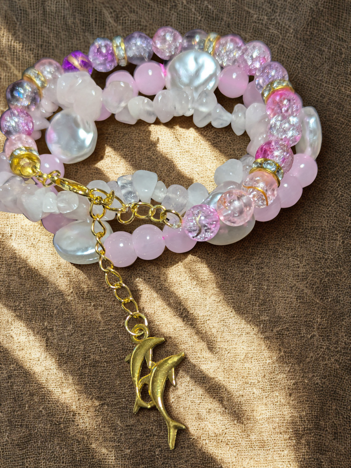 Handmade Pink Beaded Bracelet Stack with Gold-Coloured Charm