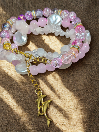 Handmade Pink Beaded Bracelet Stack with Gold-Coloured Charm