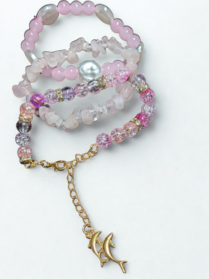 Handmade Pink Beaded Bracelet Stack with Gold-Coloured Charm