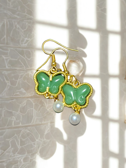 Green Butterfly Pearl Drop Earrings
