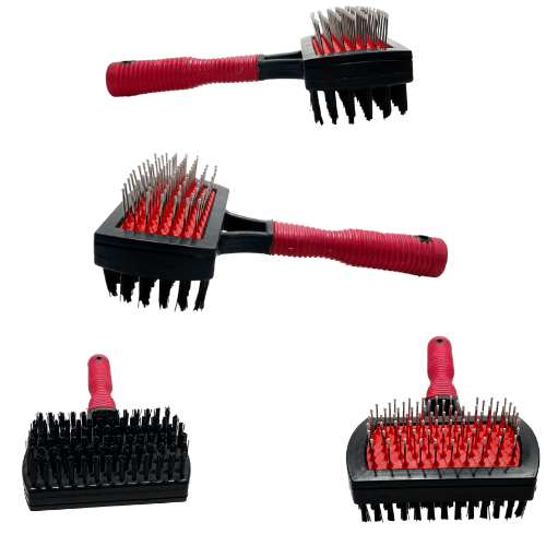 DualSided Pet Dog Brush with Metal Bristles and Comfort Grip Handle