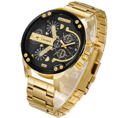 CAGARNY 6820 Large Dial Calendar Display Stainless Steel Band Quartz Dual Movement Watch For Men(Black Ring Gold Steel Belt), Black Ring Gold Steel Belt