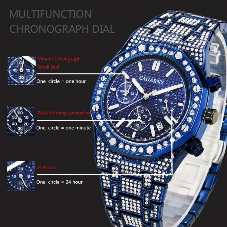 CAGARNY 6881 Diamond-studded Six-needles Guartz Dual Movement Watch Men Stainless Steel Strap Watch (Gold Shell Gold Dial), WA0334JB, WA0334JW, WA0334L, WA0334SB, WA0334SW