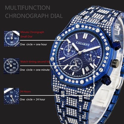 CAGARNY 6881 Diamond-studded Six-needles Guartz Dual Movement Watch Men Stainless Steel Strap Watch (Gold Shell Gold Dial), WA0334JB, WA0334JW, WA0334L, WA0334SB, WA0334SW